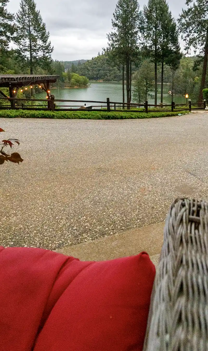 The view of Rollins Lake from a chair.